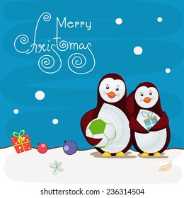 Cute penguins holding football and gift box on Christmas night view background for Merry Christmas celebrations.