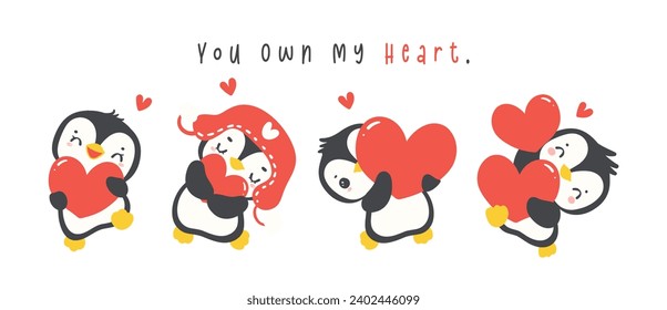 Cute penguins holding heart cartoon drawing, Kawaii Valentine animal character illustration banner.