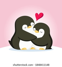 Cute penguins hugging each other. Penguins in love. Cartoon style vector illustration.