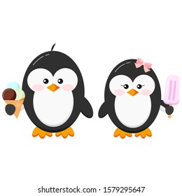 Cute penguins with ice cream clip art. Baby boy penguin with ice cream cone and girl with pink ice lolly couple set isolated on white background. Flat design vector funny bird character illustration. 