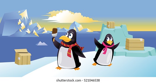 Cute penguins with ice cream. Vector illustration
