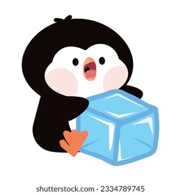 Cute penguins with ice cube