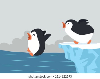 Los pingüinos guapos saltan sobre el fondo de Iceberg