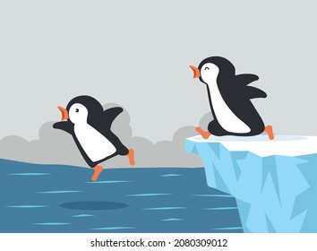 Cute penguins jumping on  Iceberg 