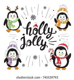 cute penguins and lettering holly jolly