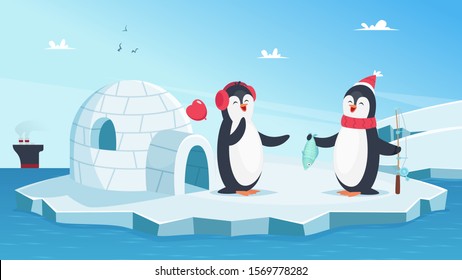 Cute penguins in love. Christmas winter animals. Cartoon penguins on ice in ocean with fish vector illustration