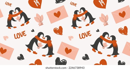 Cute penguins, love hearts seamless pattern on Valentine's Day for gift, wrapping paper, card. Typography art, love letter, 14 February