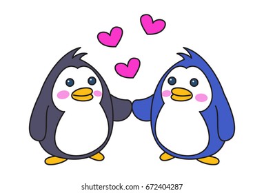 Cute Penguins in love. Vector Illustration. Isolated on white background.