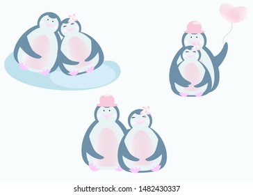 Cute Penguins in Love. Vector Set. Kawaii Style Drawing. Halftone Penguin Couple Embracing. Valentine Card Elements. Cartoon Characters Design. Kawaii Childish Animals. Arctic Cartoon Birds.