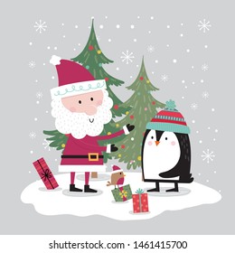 Cute penguins meet Santa on the Christmas celebration and are attended by little robins, vector stock illustration