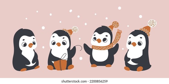 Cute penguins. Merry Christmas. Vector print for children room, fabric, paper, greeting card, postcard, card, t shirt, poster, textile. Vector illustration