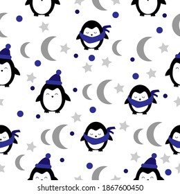 Cute penguins moon stars vector illustration christmas seamless pattern isolated on white background