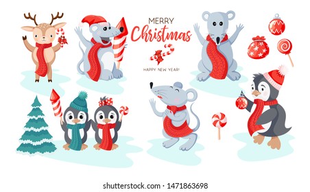 Cute penguins, mouses and items icon set isolated on white background. Cold winter collection of holiday symbols flat design. Cartoon style antarctic birds and rats vector illustration