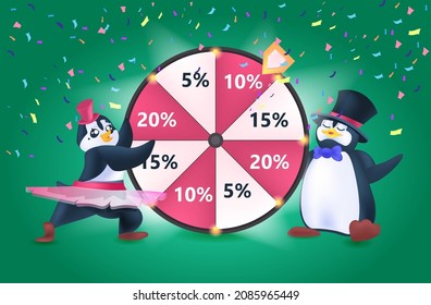 cute penguins near fortune spinning wheel for sale promotion event discount prize winning shopping concept