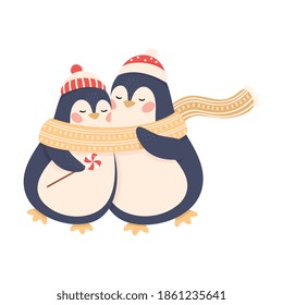 Cute Penguins as New Year Characters in Winter Hats Hugging and Embracing Each Other Vector Illustration