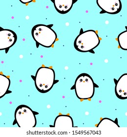 Cute penguins on blue background. Seamless pattern.