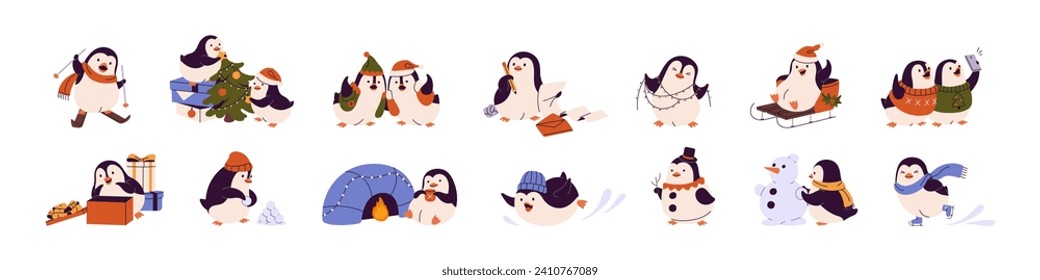 Cute penguins on christmas holidays set. Happy baby animals play snow, winter games. Amusing north birds make snowman, skiing, skating, rejoice. Flat isolated vector illustration on white background