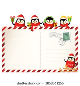 Cute Penguins on Christmas postcard - holiday greeting card template isolated