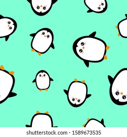 Cute penguins on green background. Seamless pattern.