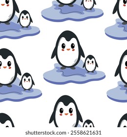 Cute penguins on ice in a playful pattern, perfect for fabric or wallpaper design