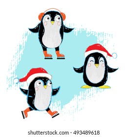 Cute penguins on ice skates with winter hats. Children illustration. Vector image.