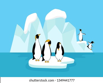 Cute penguins on landscapes of the Antarctic background, animal illustration.