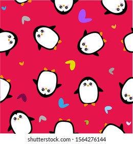 Cute penguins on red background. Seamless pattern.