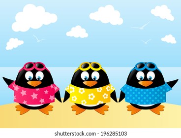 Cute penguins on sea background