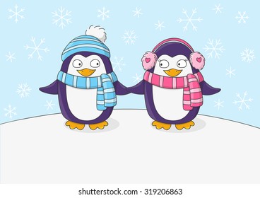 Cute penguins on snow background