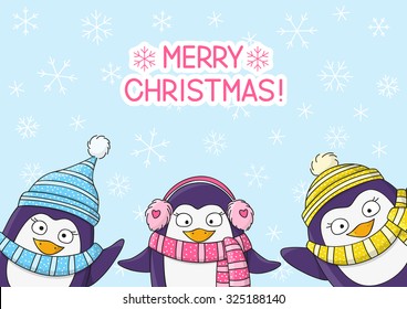 Cute penguins on snow background