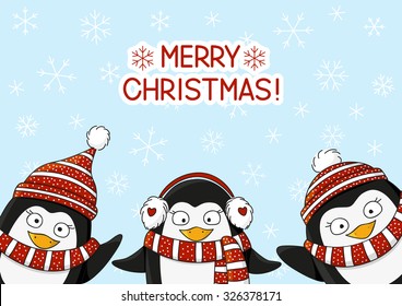 Cute penguins on snow background