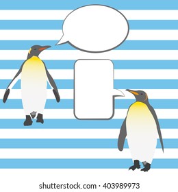 cute penguins on a striped background with bubbles for the text. vector illustration