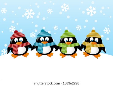 Cute penguins on winter background