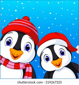 Cute penguins on winter background 