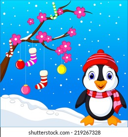 Cute penguins on winter background 