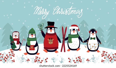 Cute penguins on a winter background. Christmas greeting card template. Vector illustration in flat style