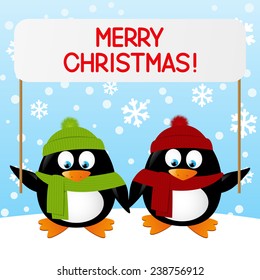 Cute penguins on winter background