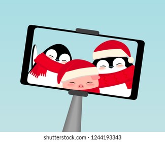 Cute penguins and pig in Santa Claus red hats and scarfs taking selfie. Cartoon characters in flat style, Christmas vector illustration.