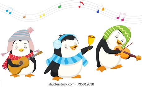 cute penguins playing christmas musical instruments