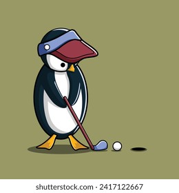 Cute penguins are playing golf on the course