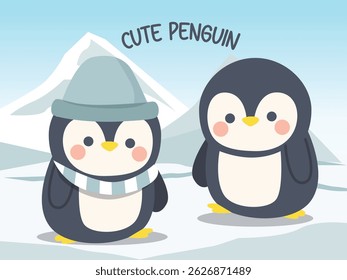 cute penguins are playing on the cold polar ice