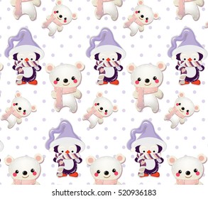 Cute Penguins and Polar bear pattern on dotted background Vector illustration. Winter retro style concept. New Year decoration. Christmas Holidays texture for textile, fabric, gifts, cards etc