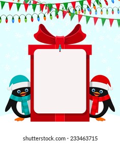 Cute penguins with red gift box and empty banner