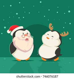 Cute penguins with reindeer antlers and a Santa Claus suit. Vector cartoon animal character. Winter illustration.