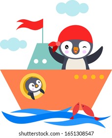 Cute penguins sailing in boat on sea with fishes