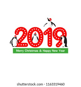 Cute penguins in Santa hat with a big "2019" word. Christmas and New Year greeting card.