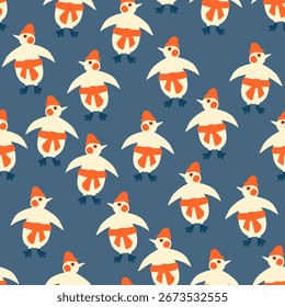 Cute Penguins Seamless Pattern. Birds of Penguins Hand Drawn Seamless Textile Print Template. Vector Illustration for Pattern, Print, Textile, Fabric Design. Not AI