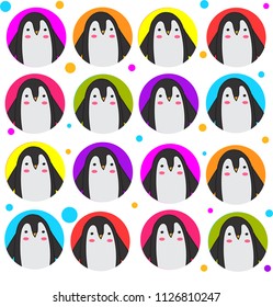Cute Penguins seamless pattern. Cute penguins in colour circles isolated on blue background with colours small dots.