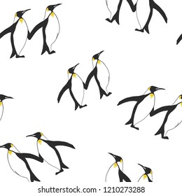 Cute Penguins Seamless pattern. Exotic fashion trend and textile design. Repeated vector illustration.
