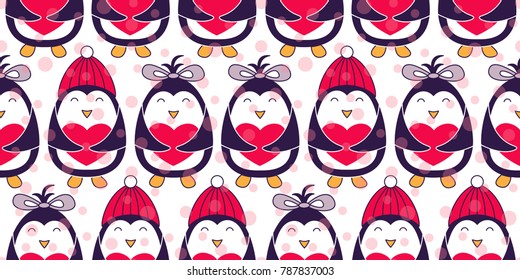 Cute penguins seamless pattern - Happy Valentines day. Penguins with heart. Vector illustration in cartoon style. 